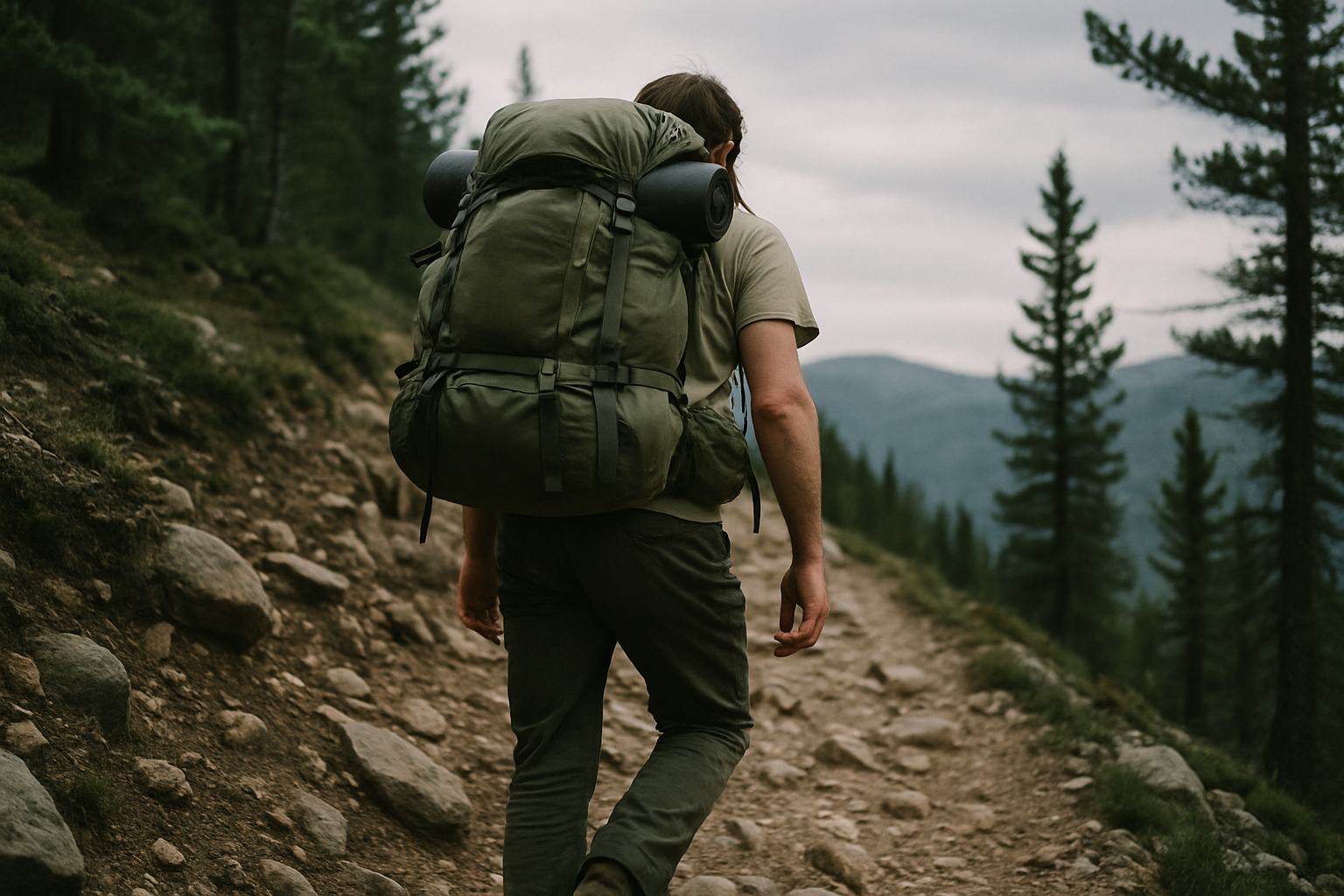 A loaded backpacker climbing a steep trail with poles, training for a multi-day trip