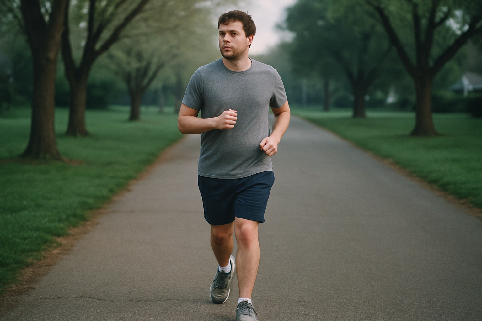 A beginner runner on a path easing from a walk into a relaxed, conversational-pace run