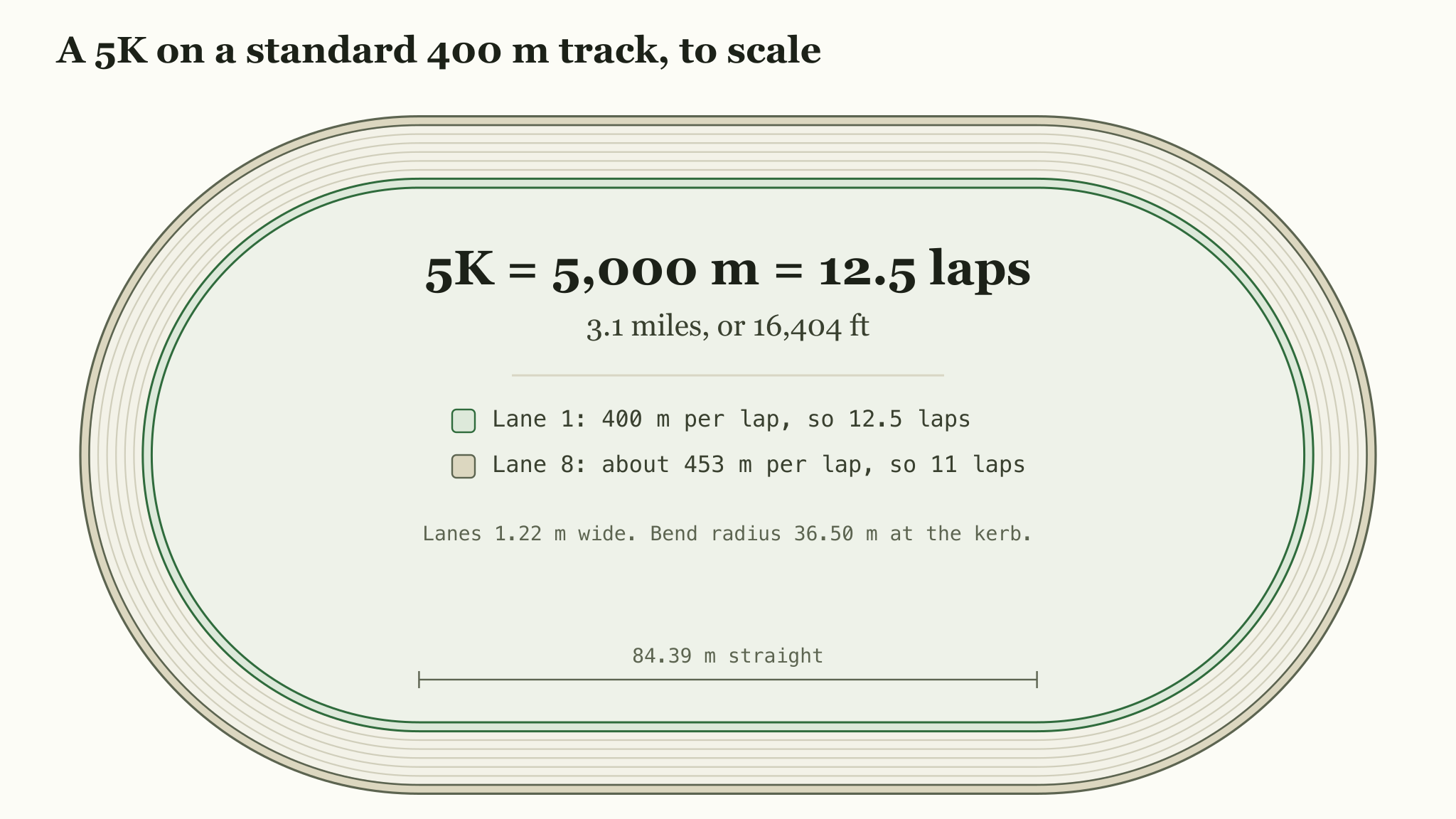 A standard outdoor running track labeled 5K, 5,000 meters, 3.1 miles, and 12.5 laps, with lane one marked 400 meters and lane eight marked about 453 meters.