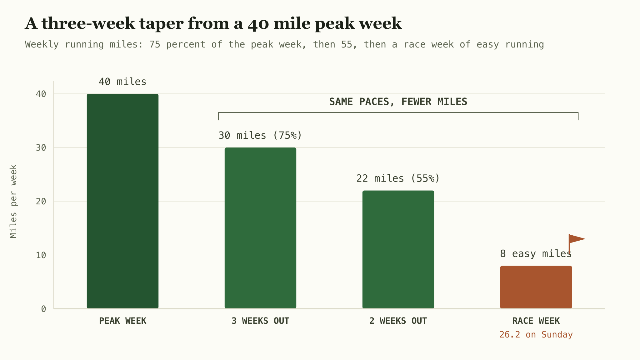 A bar chart of weekly running mileage stepping down from a 40 mile peak week to 30, 22 and about 8 miles in race week, with race day marked at the end.