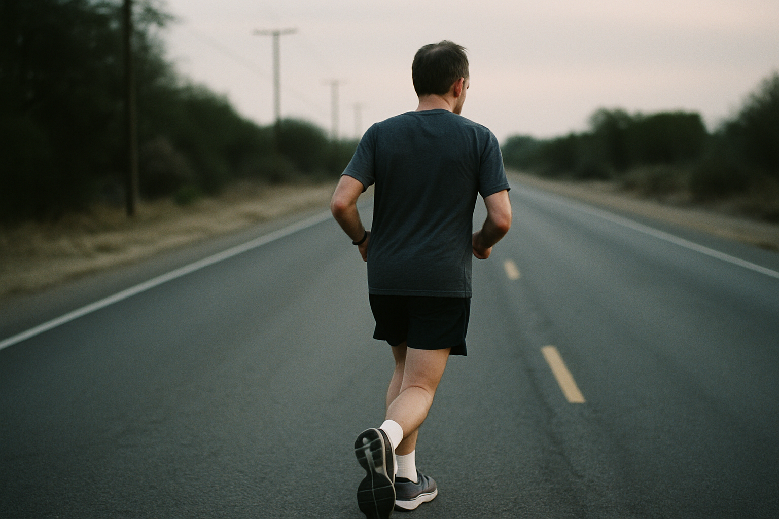 A printed marathon training plan PDF on a table next to running shoes and a water bottle