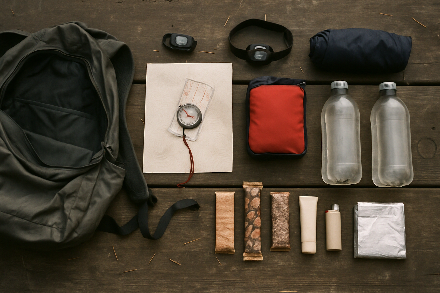 The contents of a day pack laid out on a wooden table: a folded paper map and compass, a headlamp, a rain shell, a small first aid pouch, two one-liter water bottles, snack bars, sunscreen, a lighter and a folded foil emergency blanket.